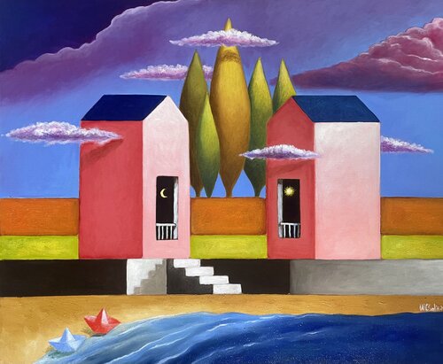 In riva al mare: due barchette solitarie von Maria Carmen Salis, Malerei kaufen auf Singulart