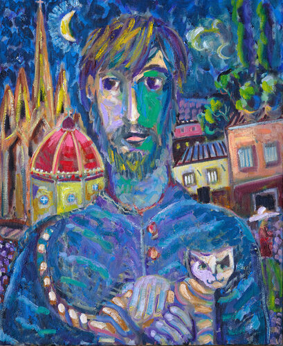Fauve San Miguel Self Portrait with Cat de Andrew Osta, Pintura a la venta en Singulart