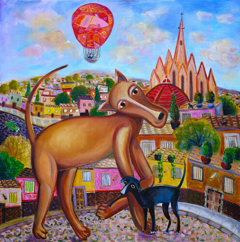 Rooftop Dog and Puppy Friend di Andrew Osta, Pittura in vendita su Singulart