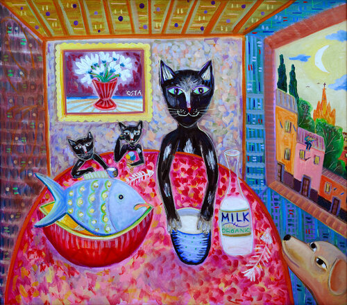 Cat and Family di Andrew Osta, Pittura in vendita su Singulart