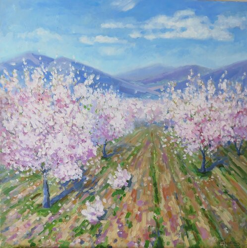 Almond blossom in Limnatis van Tatiana Kyriakidou, Schilderij te koop op Singulart