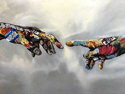 This Painting – A Bold Reinterpretation of Classic Art, Bridging Eras and Cultures Through Creativity  The connection of the times von Evgeniya Duvakina, Malerei kaufen auf Singulart