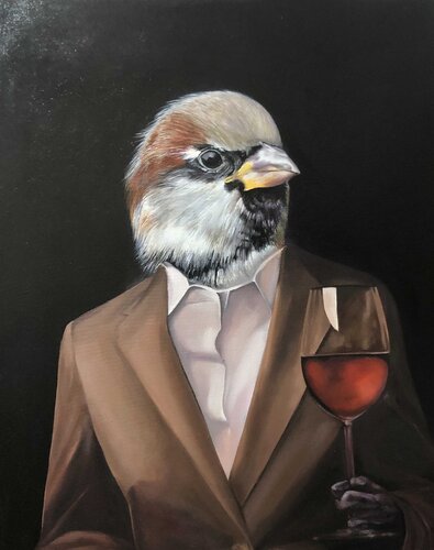 "Sparrow’s Mind – Witty Character in Premium Portrait" van Evgeniya Duvakina, Schilderij te koop op Singulart