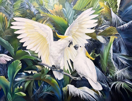 The dialogue of parrots is an exclusive picture di Evgeniya Duvakina, Pittura in vendita su Singulart