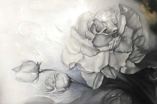 "Frozen Roses" — White and Gray Rose Painting, Oil on Canvas, Volume and Tenderness, Modern Classic Evgeniya Duvakina