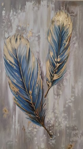 "Golden Silence" — oil painting with feathers, deep blue and gold, modern elegance von Evgeniya Duvakina, Malerei kaufen auf Singulart