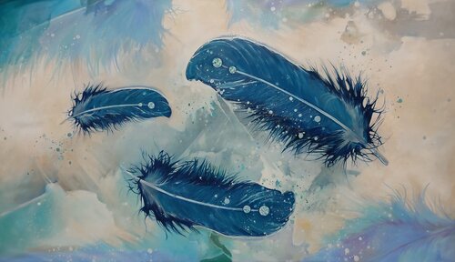 "Whispers in the Sky" — oil painting with feathers, light and serenity, turquoise-blue accents von Evgeniya Duvakina, Malerei kaufen auf Singulart