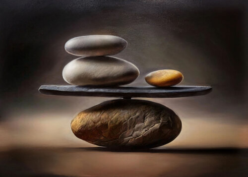 “Balance of Silence” — oil painting, meditative minimalism, stones and equilibrium Evgeniya Duvakina