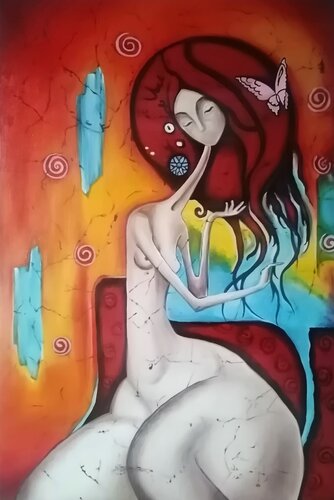 "Sweet Thought" — vibrant female abstraction, surrealism and color van Evgeniya Duvakina, Schilderij te koop op Singulart