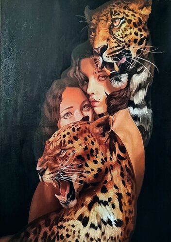 "Wild Bond" — an emotional portrait of a woman and leopards, power and nature di Evgeniya Duvakina, Pittura in vendita su Singulart