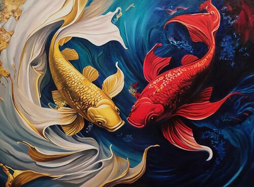 Koi of Destiny — oil painting on premium canvas van Evgeniya Duvakina, Schilderij te koop op Singulart