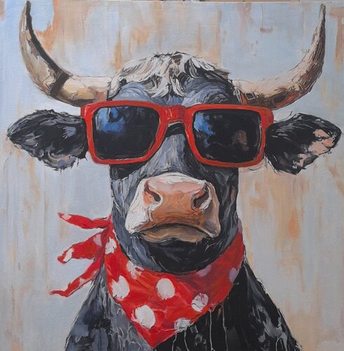 “Cool Bull” — Oil painting with humor and character van Evgeniya Duvakina, Schilderij te koop op Singulart