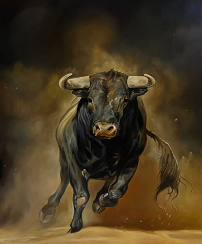 "Rage and Glory" — a bull in motion, passion and power di Evgeniya Duvakina, Pittura in vendita su Singulart