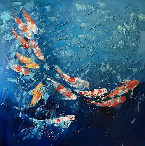 "Koi Harmony" — oil painting, water energy and balance di Evgeniya Duvakina, Pittura in vendita su Singulart