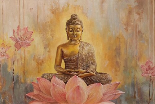 Luxurious painting "Buddha on a Lotus Flower" premium canvas von Evgeniya Duvakina, Malerei kaufen auf Singulart