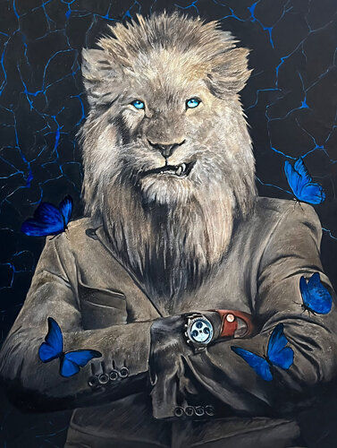 Oil Painting “Lion with Blue Butterflies” von Evgeniya Duvakina, Malerei kaufen auf Singulart