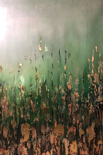 Beautiful Oil Painting "Soft Breath of Summer" with Gold Leaf van Evgeniya Duvakina, Schilderij te koop op Singulart