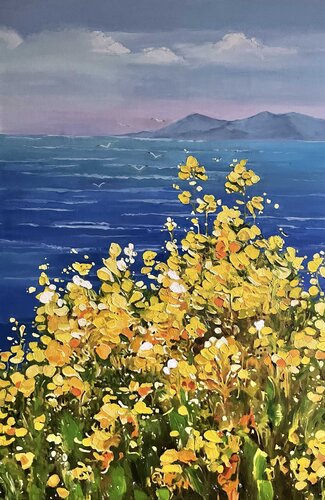 Beautiful landscape “Flowers by the Sea” van Evgeniya Duvakina, Schilderij te koop op Singulart