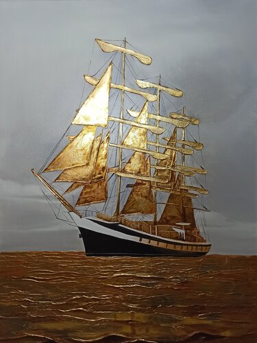 Seascape Sailboat with Golden Sails von Evgeniya Duvakina, Malerei kaufen auf Singulart