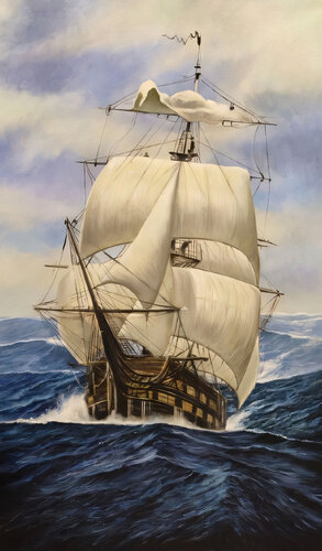 Stunning Seascape Sailboat in the Ocean van Evgeniya Duvakina, Schilderij te koop op Singulart