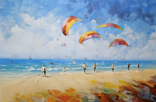Playful Landscape Beach and Paragliders von Evgeniya Duvakina, Malerei kaufen auf Singulart
