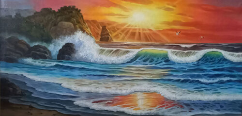 Oil Painting “Sunset and Surf” – Exclusive Canvas by Evgeniya Duvakina, Painting for Sale on Singulart