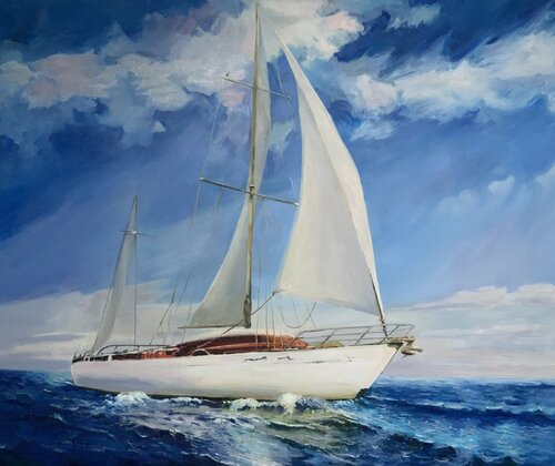 Oil Painting “Sunny Sailboat” – Premium Artwork von Evgeniya Duvakina, Malerei kaufen auf Singulart