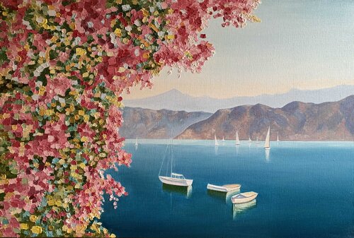 Oil Painting “Yachts by the Shore” van Evgeniya Duvakina, Schilderij te koop op Singulart