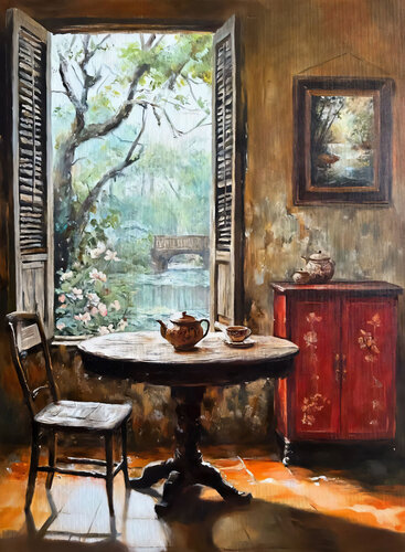 Cozy Painting – “Tea by the Window” van Evgeniya Duvakina, Schilderij te koop op Singulart
