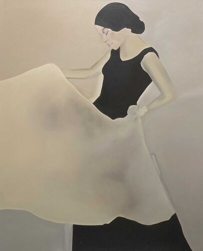 Oil painting “Elegant Dress” in minimalism style par Evgeniya Duvakina, Peinture en vente sur Singulart
