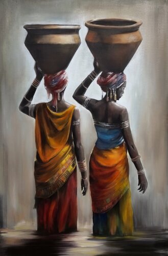 Magnificent oil painting “Women with Pitchers – African Motif” von Evgeniya Duvakina, Malerei kaufen auf Singulart