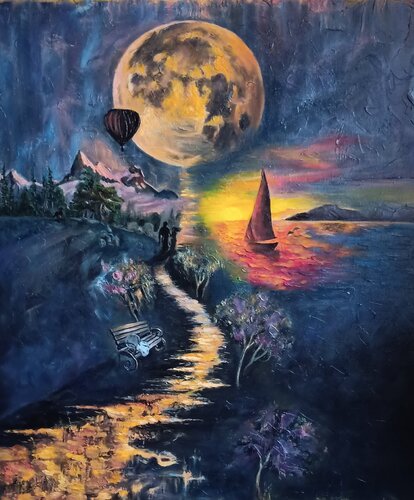 Fairytale Oil Painting “Moonlit Landscape” von Evgeniya Duvakina, Malerei kaufen auf Singulart