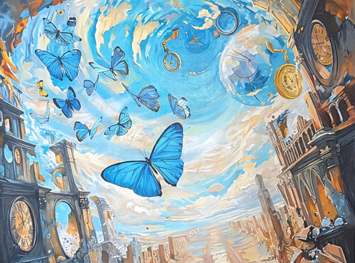 Oil Painting “Fairytale City with Clocks and Butterflies” di Evgeniya Duvakina, Pittura in vendita su Singulart