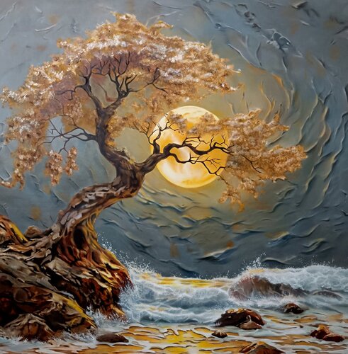 Painting: “Evening Lunar Landscape” – Premium Fine Art van Evgeniya Duvakina, Schilderij te koop op Singulart