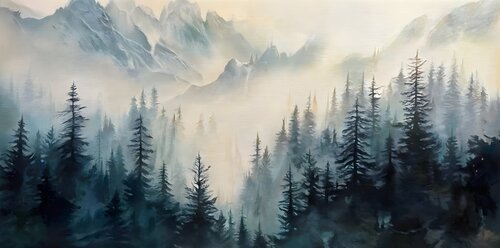 Mountain Landscape “Misty Symphony” – An Exclusive Masterpiece for Your Interior by Evgeniya Duvakina, 油畫 for Sale on Singulart