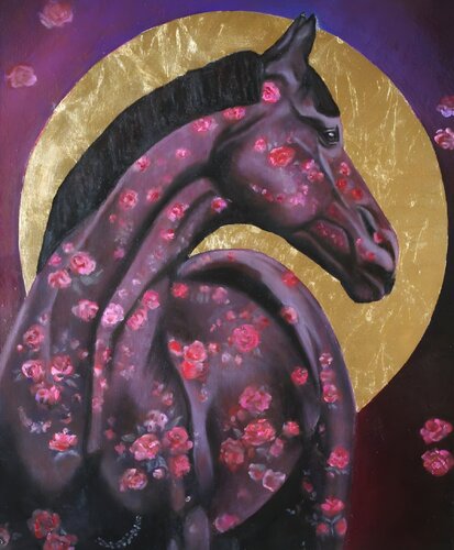 Horse and Flowers of Power" — Luxury, Symbolism, Unique Expression van Evgeniya Duvakina, Schilderij te koop op Singulart