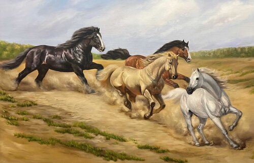 Premium Oil Painting “Playful Horses” von Evgeniya Duvakina, Malerei kaufen auf Singulart