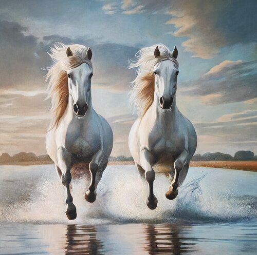 Oil Painting “Synchronous Run on Water” — Exclusive Fine Art von Evgeniya Duvakina, Malerei kaufen auf Singulart