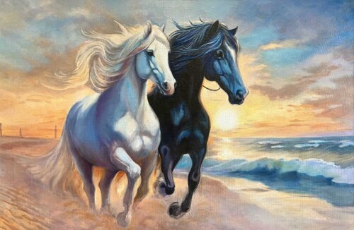 Premium Oil Painting “Run Along the Shore” di Evgeniya Duvakina, Pittura in vendita su Singulart