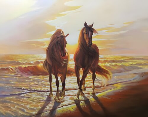 Premium Painting “Horses at Sunset” di Evgeniya Duvakina, Pittura in vendita su Singulart