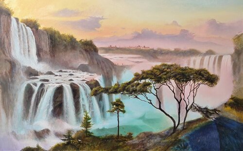 Oil Painting “The Great Waterfall” — Exclusive Natural Landscape di Evgeniya Duvakina, Pittura in vendita su Singulart