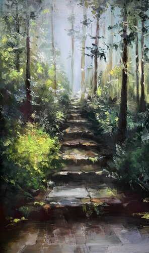 Oil Painting “The Green Stairway” — Exclusive Forest Landscape par Evgeniya Duvakina, Peinture en vente sur Singulart