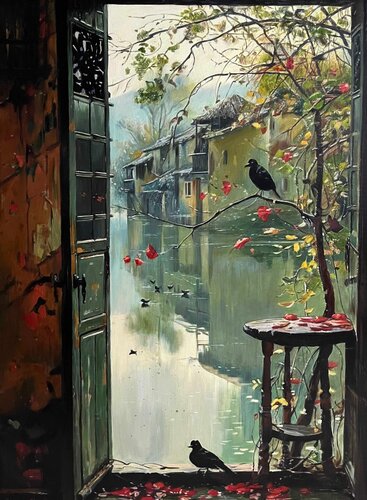 Oil Painting “The Window” — Exclusive Interior Scene de Evgeniya Duvakina, Pintura a la venta en Singulart
