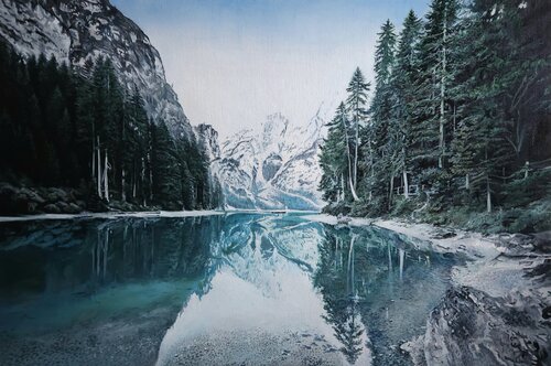 Oil Painting “Emerald Lake” — Exclusive Realistic Natural Landscape de Evgeniya Duvakina, Pintura a la venta en Singulart
