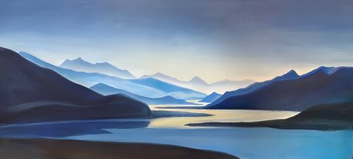 Oil Painting “Blue Valley” — Exclusive Panoramic Mountain Landscape by Evgeniya Duvakina, Painting for Sale on Singulart