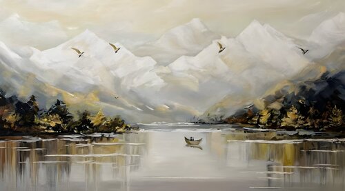 Oil Painting “Mirror of the Mountains” — Exclusive Atmospheric Landscape par Evgeniya Duvakina, Peinture en vente sur Singulart