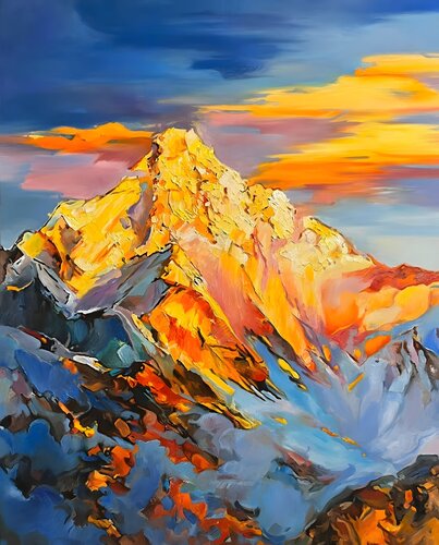 Oil Painting “Fiery Peak” — Exclusive Expressive Mountain Landscape par Evgeniya Duvakina, Peinture en vente sur Singulart