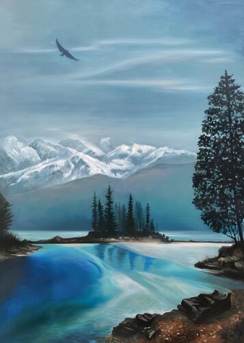 Oil Painting “Turquoise Silence” — Exclusive Natural Landscape van Evgeniya Duvakina, Schilderij te koop op Singulart