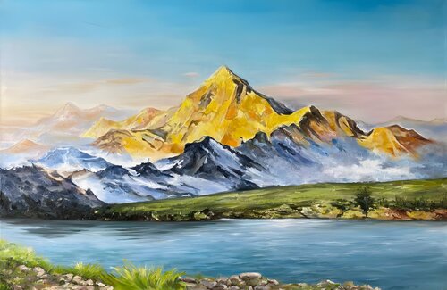 Oil Painting “Golden Peak” — Exclusive Classical Landscape di Evgeniya Duvakina, Pittura in vendita su Singulart