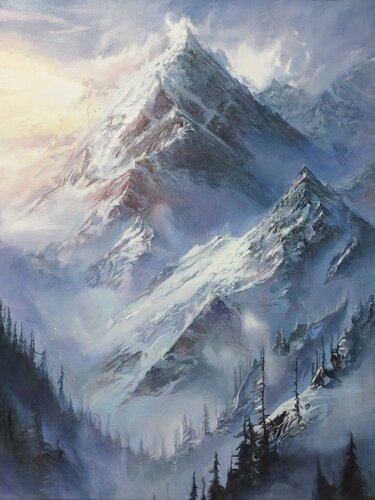 Oil Painting “Snowy Peaks” — Exclusive Mountain Landscape / Atmospheric Mountain Art de Evgeniya Duvakina, Pintura a la venta en Singulart